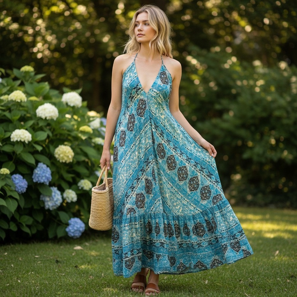 Silk Blue Paisley Halter Maxi Dress Tiered Boho Festival Tassel Med Resortwear